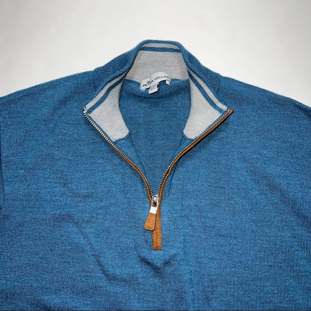 PETER MILLAR Merino Wool Silk blend Quarter Zip Long Sleeve Pullover Medium Teal - Picture 2 of 8